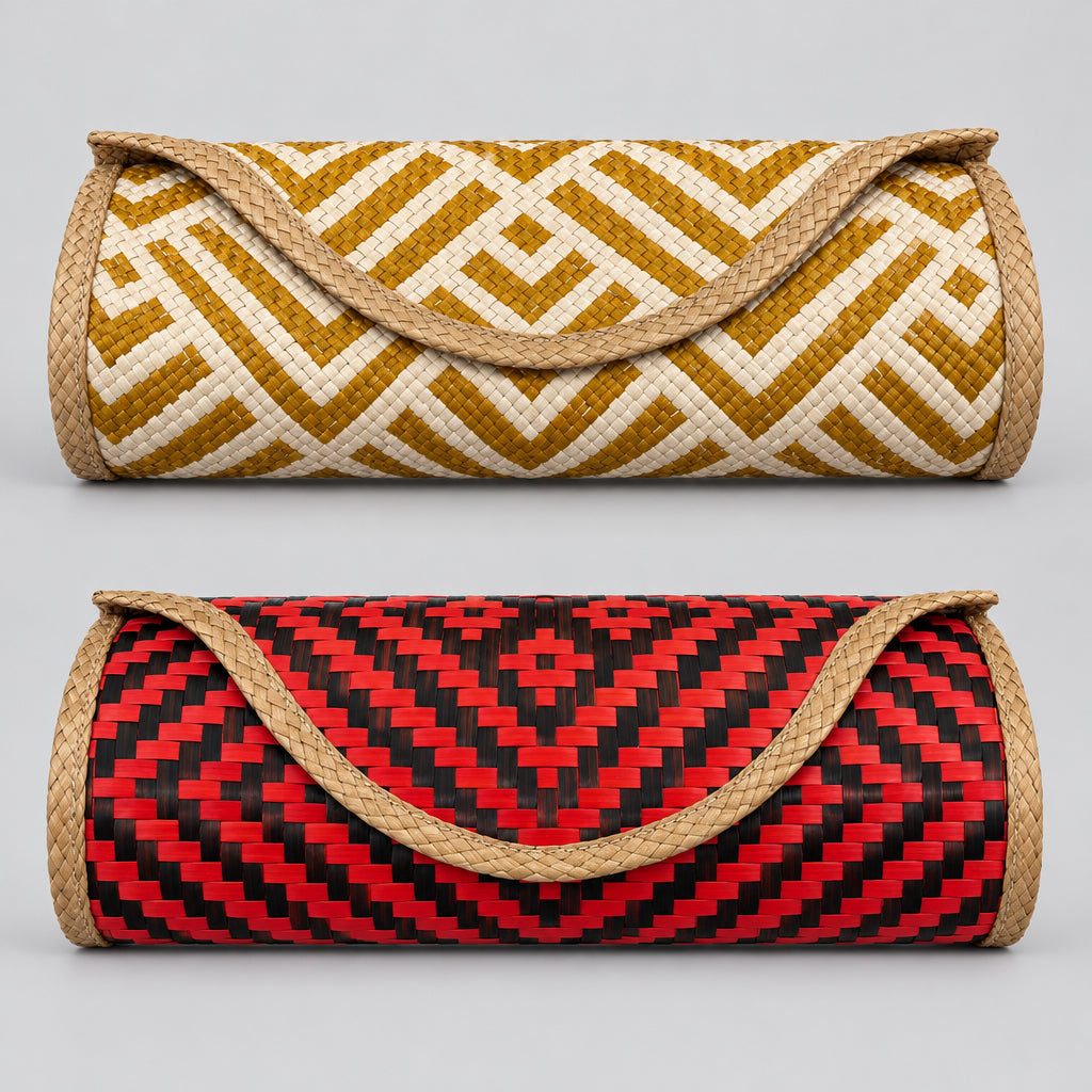 Two woven cylindrical clutch bags with rope handles, displayed on a light fabric background. The top bag features a geometric pattern in olive green and cream.