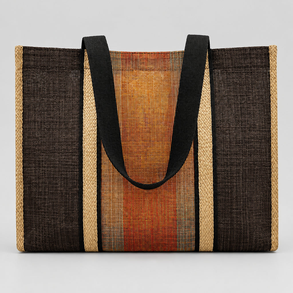 A woven tote bag made from natural jute and black fabric, featuring a central vertical stripe pattern in orange, rust, and brown tones. The bag has thick black shoulder straps and is displayed on a light-colored surface with a blurred indoor background.