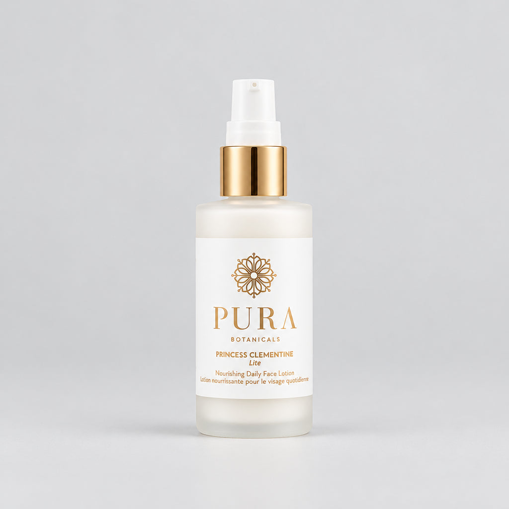 Pura Botanicals Princess Clementine Lite Neourishing Daily Face Lotion in a frosted glass bottle with a gold pump and white label, shown on a white background.