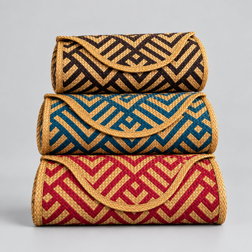 Three woven clutch bags with geometric patterns are displayed vertically on a light fabric background. The top bag is black and tan, the middle is blue and tan, and the bottom is red and tan.