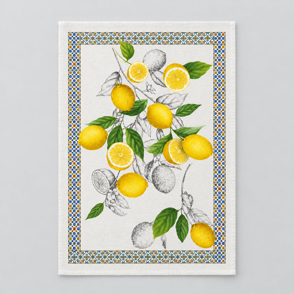 Tea towel with lemon design and decorative border