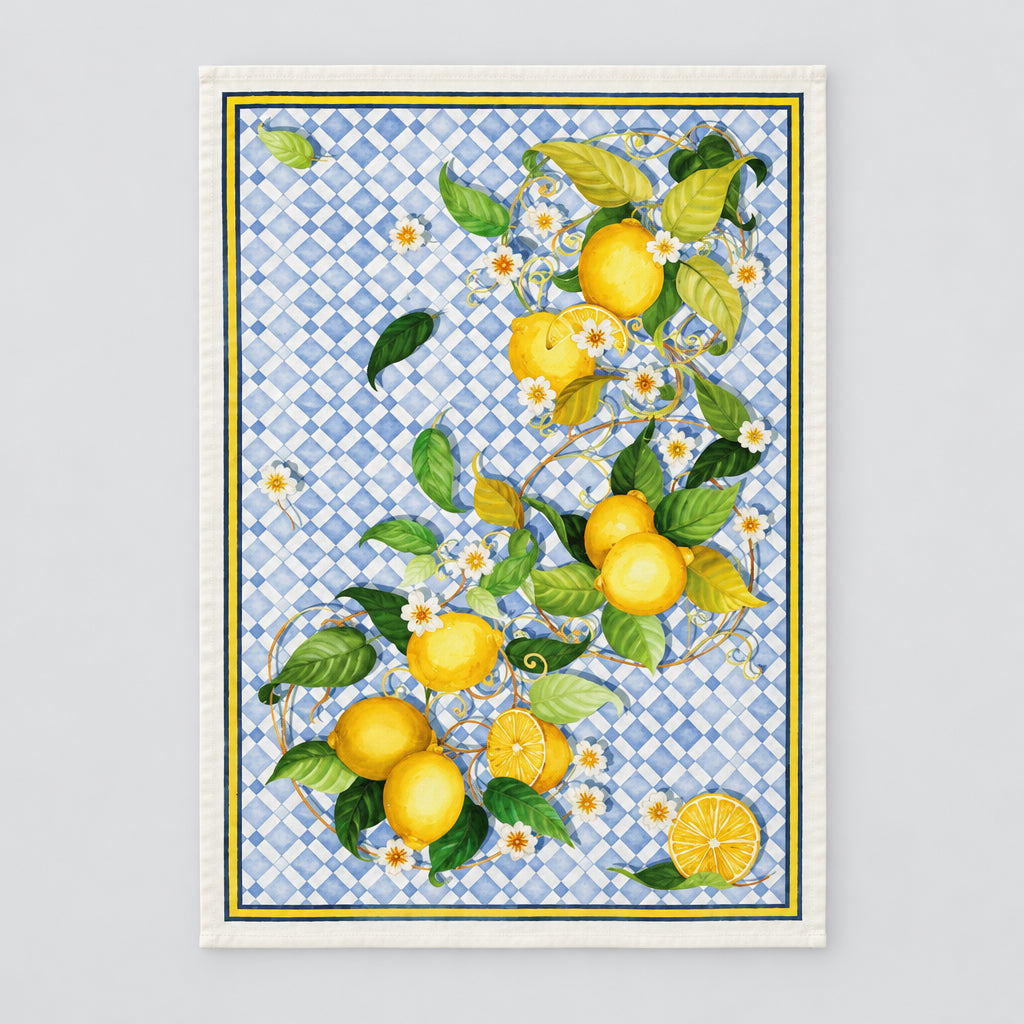Decorative towel with lemons and leaves on a blue geometric pattern