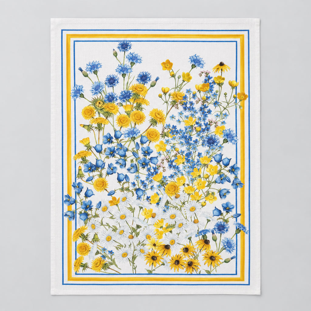 Floral patterned fabric with blue and yellow flowers on a white background
