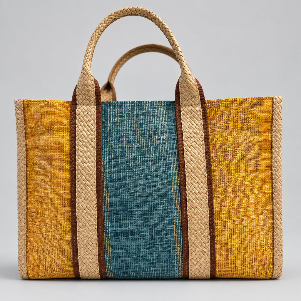 A handmade woven tote bag featuring a central blue-gray panel flanked by mustard yellow side panels, with natural beige braided handles and trim.