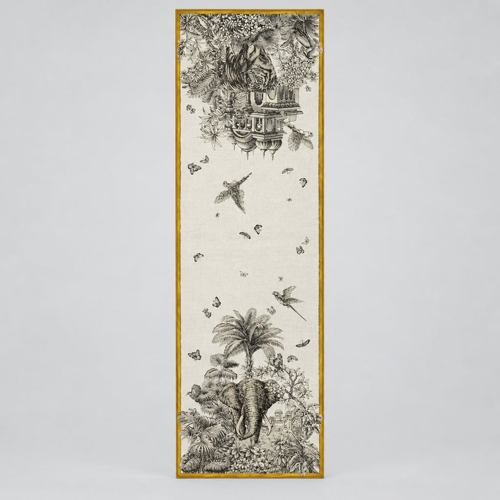 Decorative vertical panel with intricate black and white designs of animals, plants, and butterflies on a beige background.