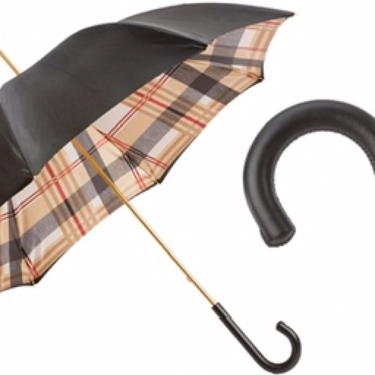 Umbrella (Black Tartan-Lined with Leather Handle, Double Cloth)